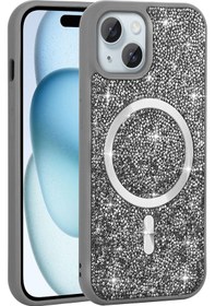 Resim Apple Uyumlu iPhone Adige İphone 15 Plus Uyumlu Kılıf Parlak Taşlı Pırlanta Mozaik Gri + Ekran Koruyucu - 