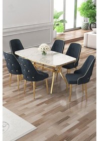 Resim Canisa Asel Serisi 90x160 Lak Panel Beyaz Mermer Desen Gold Ayaklı Masa Takımı Ve 6 Antrasit Sandalye Beyaz Mermer Desen Masa Sandalyeler Antrasit 