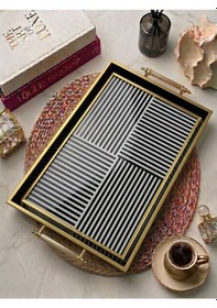 Resim Şık Kahve Sunum Tepsisi - Siyah Beyaz Modern Desenli Gold Detaylı Tepsi 