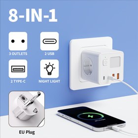 Resim 8'li 1 EU Güç Çubuğu, 3 USB Girişi, 2 Tip-C Girişi, Gece Işığı ve 3 Çıkış - Beyaz, Ev, Ofis, Seyahat ve Daha Fazlası için Kompakt Tasarım, Seyahat Güç İstasyonu | Modern Güç Çubuğu | Kompakt Güç İstasyonu 