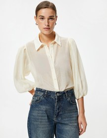 Resim Balon Kol Gömlek Yarı Transparan 3/4 Kol Dokulu 