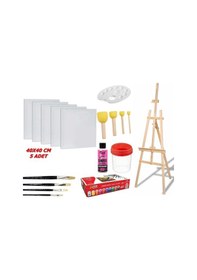 Resim 5 Adet 40x40 Cm Tuval Ve Büyük Boy Şovale Akrilik Boya Seti Palet Fırça Vernik Vs 