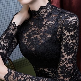 Resim Kadınlar için Seksi Dantel Yüksek Yaka Uzun Kollu Üst - Düz Renk, Örgü Kumaş, Spandex ile Tüm Sezon Konforu, Şık Dantel Panel Detayı 