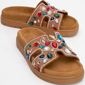 Resim Luvi Shoes Brave Taba Hakiki Deri Renkli Taşlı Kadın Terlik Taba 