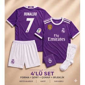 Resim Andream Real Madrid Ronaldo 7 2017/18 Sezon Mor Çocuk Futbol Forması Forma Şort Çorap Bileklik 4 Parça 