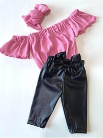 Resim Özge Başaran Kız Çocuk, Likralı Deri Fiyonk Detaylı Pantolon, Pembe Straplez Crop Bluz Ve Saç Pembe 