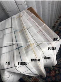 Resim Tül Perde Gülal Desen Kareli Çizgili Etek Kurşunlu Düz Tül Ekru 