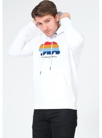 Resim Süzene Nakış Ayı Baskılı Kapüşonlu Beyaz Sweatshirt Polarlı Çok Renkli 