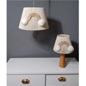 Resim Ekru Makrome Avize Abajur Set Ahşap Boncuklu Bebek Çocuk Odası E27 Uyumlu 