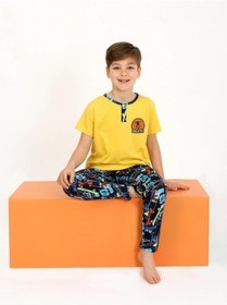 Resim Vitmo Erkek Çocuk Kısa Kollu Düğme Detaylı %100 Pamuklu Pijama Takımı Skate Sarı 