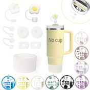 Resim Badem Gül Buz Bardak Aksesuarları İçeren Set - 9-10mm Saman Kapaklı 2 Adet, 40oz & 30oz & 20oz Termoslar için 1 Adet Silikon Bot, Su Şişesi Koruyucu Kılıfı, Orkide, Gül Kuvars, Okaliptüs, Mavi, Lacivert, Deniz Köpüğü, İndig 