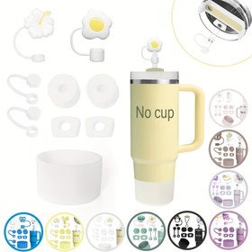 Resim Badem Gül Buz Bardak Aksesuarları İçeren Set - 9-10mm Saman Kapaklı 2 Adet, 40oz & 30oz & 20oz Termoslar için 1 Adet Silikon Bot, Su Şişesi Koruyucu Kılıfı, Orkide, Gül Kuvars, Okaliptüs, Mavi, Lacivert, Deniz Köpüğü, İndig 