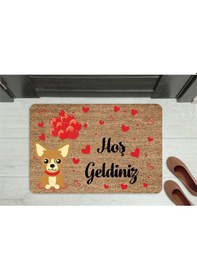 Resim Hoş Geldiniz Yazılı Köpek Figürlü Kapı Önü Paspası Dekoratif Kaymaz Taban Altın 