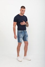 Resim Blue White Erkek Boyalı Jean Kısa Şort Mavi 
