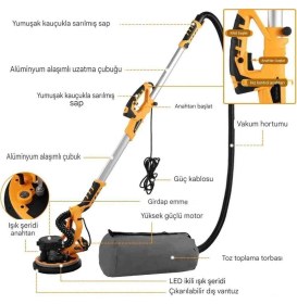 Resim Elektrikli Alçıpan Zımpara Makinesi, 6 Değişken Hız, Uzatılabilir Saplı Duvar Tavan Zımpara Cihazı 