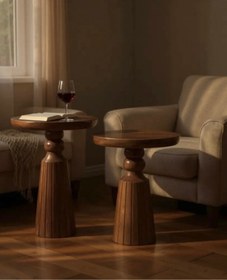 Resim ASELYA HOME Doğal Ahşap 2’li Set Mantar Yan Sehpa Modern Fiskos Zigon Çiçeklik 