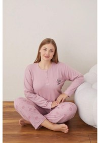 Resim Boyraz Lindros Kadın Pamuklu Düğme Yaka Raporlu İnterlok Battal Pijama Takımı 05111 - 1 Adet Gülkurusu 