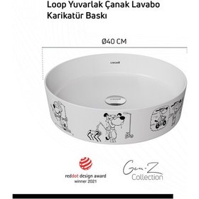 Resim Creavit LP140-00CB00E-KB00 Loop Gen-z Yuvarlak Masa Üstü Çanak Lavabo Ø40 Cm Karikatür Baskı Extra Beyaz Sarı 