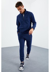 Resim Tommy Life İndigo Yarım Fermuar Dik Yaka Lastik Paça Polar Erkek Eşofman Takımı - 85159 İndigo 