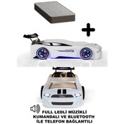 Resim Beyaz Arabalı Yatak Mst Full Ledli Kumandalı + Ortopedik Yatak 90x190 Cm 