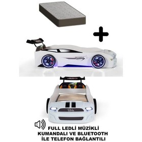Resim Beyaz Arabalı Yatak Mst Full Ledli Kumandalı + Ortopedik Yatak 90x190 Cm 