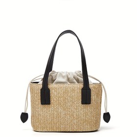 Resim Çıkarılabilir Omuz/Kesik Askılı Kadın Hasır Kova Çantası - İpli Kapatma, Premium Doğal Dokuma Doku, Plaj, Tatil ve Günlük Kullanım için Minimalist Tasarım - Bej/Açık Kahverengi/Siyah, Plaj Çantası 