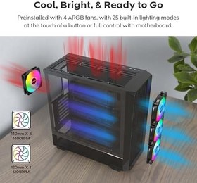 Resim Montech X5 ATX Mid-Tower oyun bilgisayarı, yüksek hava akımı 3 x 140 mm ve 1 x 120 mm ARGB vantilatör, cam yan panel, karbon baskı vurguları, GPU tutucu dahil, siyah 