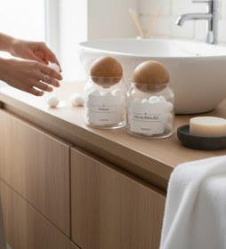 Resim zezedesing Dekoratif Ahşap Top Kapak Pamuk Ve Kulak Pamuğu Kavanozu Kutusu 300ml 