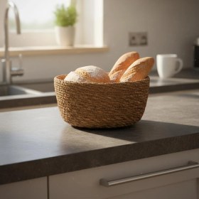 Resim Braventa Collection El Yapımı Hasır Yuvarlak Ekmek Sepeti, Içi Bezli Çok Amaçlı Dekoratif Sepet ve Mutfak Düzenleyici (1 