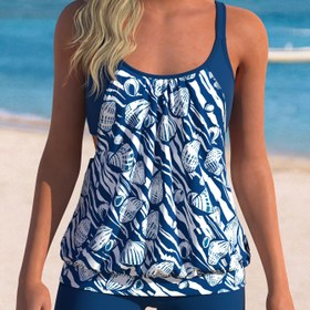 Resim İki parçalı tankini seti, okyanus hayvanı baskılarıyla, esnek yuvarlak yaka üst ve boyshorts içerir, kadınların yüzme kıyafetleri ve kıyafetleri için uygun. 