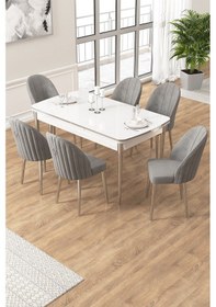 Resim Canisa Edaf Serisi 80x132 Açılabilir Beyaz Mutfak Masa Takımı 6 Gri Sandalye Krom Detay Beyaz Masa Sandalye Cappucino 