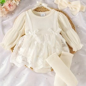 Resim Kızlar İçin Moda Balon Kollu Fiyonklu File Body + Saç Bandı + Çorap 3'lü Set, Dış Mekan İçin Mükemmel 