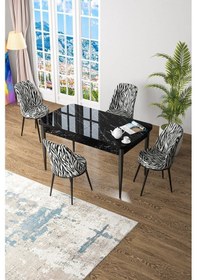 Resim Canisa Kor Serisi 70x114 Açılabilir Mutfak Masası Takımı Siyah Mermer Desen Masa 4 Zebra Desen Sandalye Masa Siyah Mermer Desen Sandalye Zebra Desen 