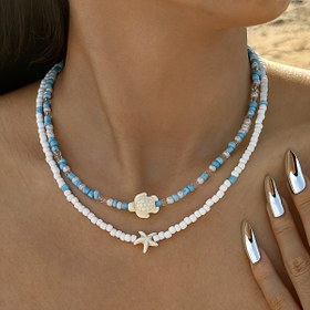 Resim 2 Parça Set Moda Bohem Boncuklu Kolye Plaj Günlük Tatil Okyanus Elemanı Deniz Kaplumbağası ve Denizyıldızı Kolye Zinciri Parti Hediyesi Kadınlar İçin Karışık Renk Pirinç Boncuk Rastgele Boyut ve Miktar 