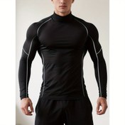 Resim Erkek Hızlı Kuruyan Esnek Spor Gömleği - Yüksek Boyun Uzun Kollu Egzersiz Üstü, Nem Çekici Atletik Performans Giyim, Boks, Eğitim, Spor Salonu İçin Sıkı Esnek Kumaş, Tüm Mevsimler İçin Aktif Giyim, Erkekler İçin (Siyah/Turuncu Detaylar) - Kolay Bakım Atletik Gömlek, Egzersiz Gömlekleri, Eğitim Üstü, Spor Görünümü, Nefes Alabilir Malzeme, Performans Giyim, Fitness Tutkunları 