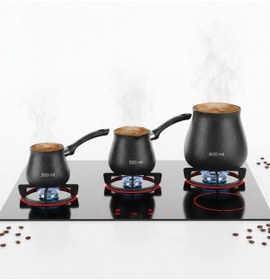 Resim Standlı Granit Dokulu Lüks Cezve Seti 3 Parça 300ml - 500ml - 600ml Isıya Dayanıklı Antrasit 