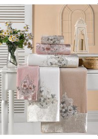 Resim Kadife Gipürlü Analı Kızlı Havlu Seti 6 Lı 3 Ad 50 90-3 Ad 30 50 Krem - Kahve - Pudra 