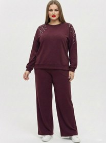 Resim Kadın Büyük Beden Uzun Kollu Taş İşlemeli Modal Eşofman Takımı 8250-26 - 5XL / Camel 