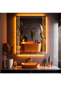 Resim Velano Amber Led'li Lazer Kumlamalı Lavabo & Banyo Aynası Dokunmatik Sensörlü 100 X 75 Cm Turuncu 