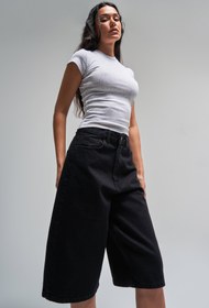 Resim Kadın Siyah Renk 1s5-1 Maxi Boy Bol Kesim %100 Koton Denim Bermuda Şort - Siyah / 36 