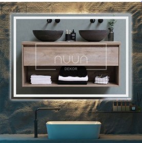 Resim Nuun Dekor 80x60cm Beyaz Ledli Dekoratif Banyo Aynası Kumlamalı Duvar Aynası Trafolu Beyaz 