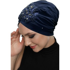 Resim Elysianfidan Kopma Astarlı Işlemeli Lacivert Sarı Dantel Motifli Hazır Türban Tesettür Abiye Bone Lacivert Sarı Dantel 