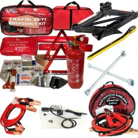 Resim Genel Markalar Beşli Araç Seti Trafik Seti Akü Takviye Kablosu Kriko Bijon Anahtarı Metal Hava Kompresörü 