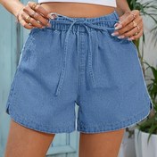 Resim Kadınlar İçin Esnek Bel İpli Stretch Denim Şort - Makinede Yıkanabilir, Orta Esneklikte Yazlık Günlük Şık Kısa Kıyafet, Düz Renk Çok Yönlü Stil, Büzgülü Bel Bandı, Dayanıklı Kumaş 