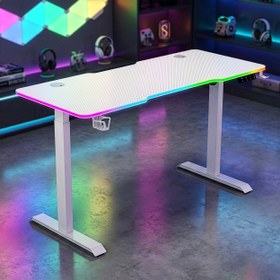 Resim G-Flex RGB Aydınlatmalı Elektrikli Yükseklik Ayarlı Oyuncu Masası - Beyaz / Beyaz / 140x60 