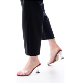 Resim S-619 Bordo Rugan Şeffaf Bantlı Şeffaf Topuklu Yuvarlak Burunlu Kadın Terlik Renksiz 