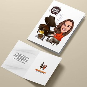 Resim Piyano Çalan Kadın Karikatürlü Tebrik Kartı 