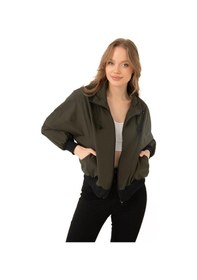 Resim Spor Kadın Dik Yaka Su Ve Rüzgar Geçirmez Oversize Crop Mevsimlik Yağmurluk Rüzgarlık-133 Haki 