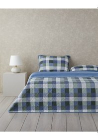 Resim Ornate Check Çift Taraflı Kadife Çift Kişilik Yatak Örtüsü Takımı Koyu Mavi Koyu Mavi 