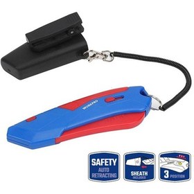 Resim Workpro Wp213010 Kemer Askı Kancalı Otomatik Geri Çekilebilir Mandallı Rötuş Maket Bıçağı + 3 Adet Yedek Bıçak 